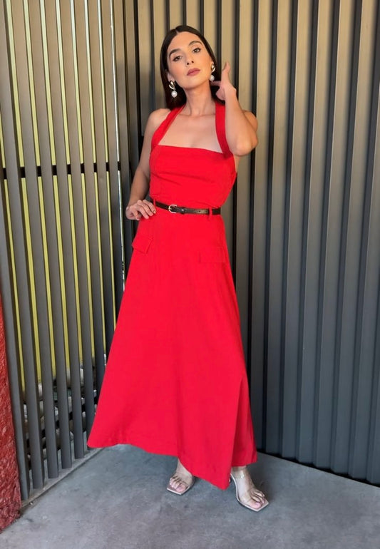 VESTIDO ROJO CON CINTURÓN