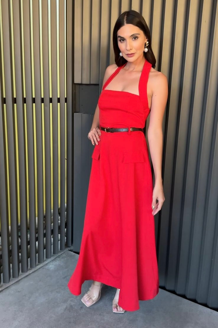 VESTIDO ROJO CON CINTURÓN