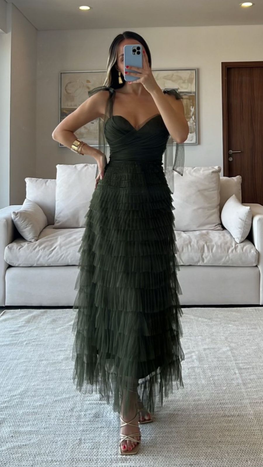 VESTIDO VERDE OLIVO CON TUL