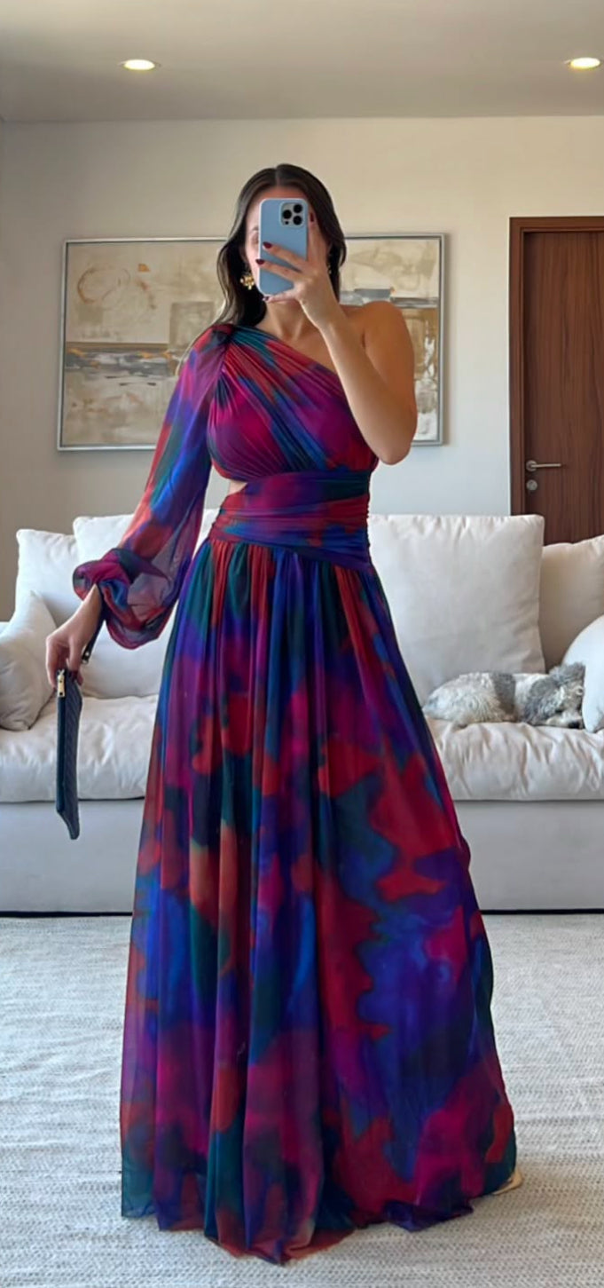 VESTIDO ESTAMPADO DE COLORES Y UNA MANGA