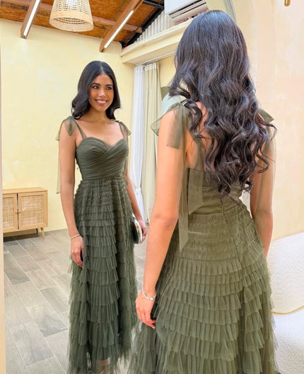 VESTIDO VERDE OLIVO CON TUL