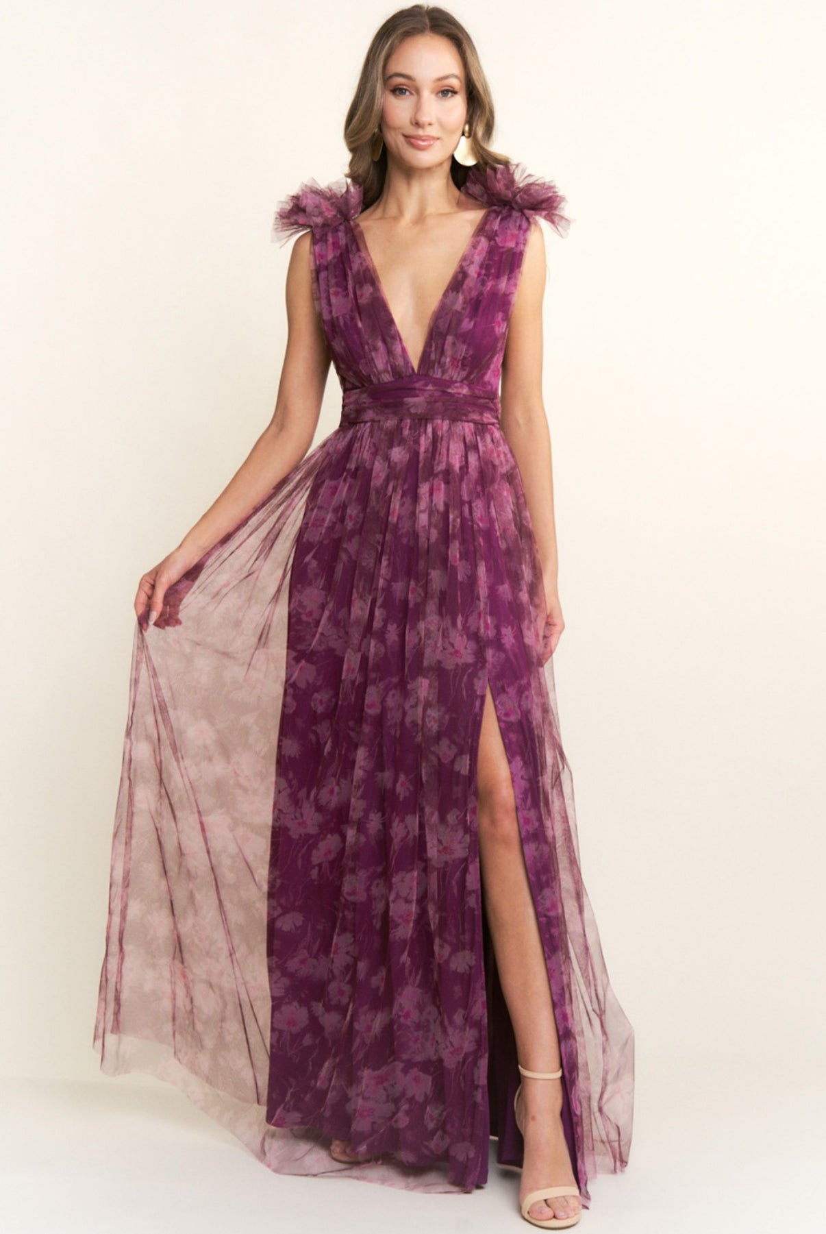 VESTIDO VINO ESTAMPADO TUL