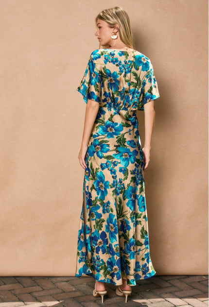 VESTIDO BEIGE AZUL ESTAMPADO