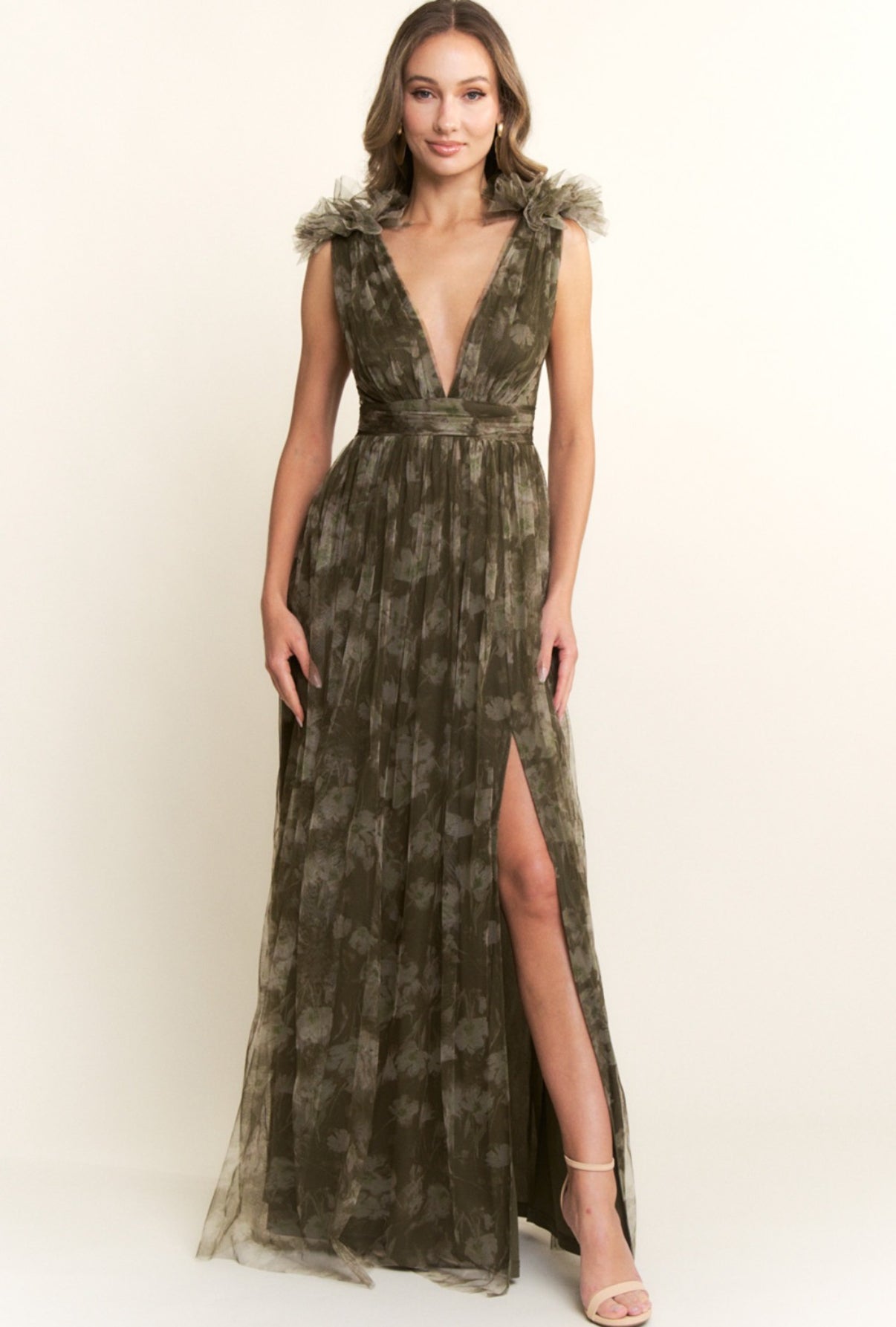 VESTIDO VERDE OLIVO ESTAMPADO TUL