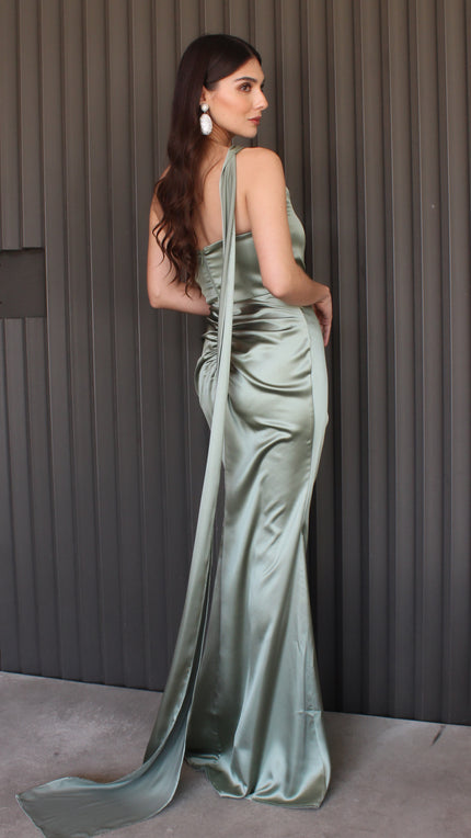 VESTIDO VERDE SATÉN DE UN HOMBRO