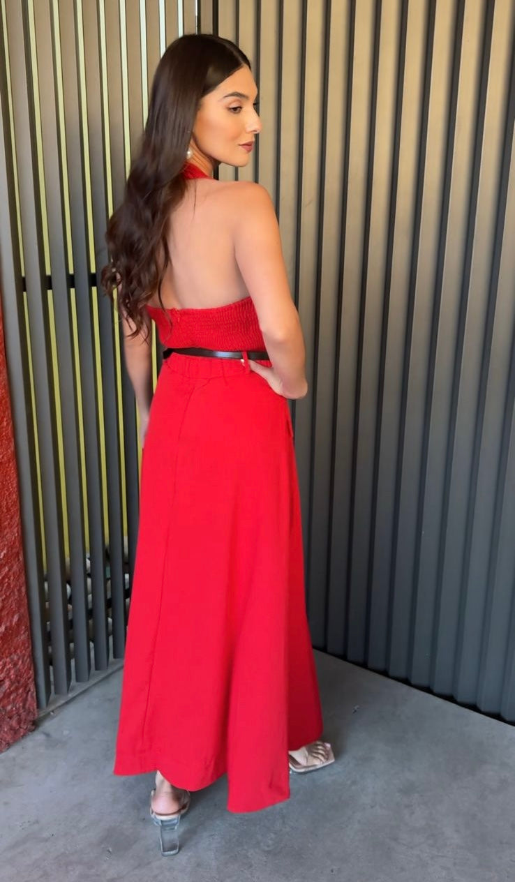 VESTIDO ROJO CON CINTURÓN