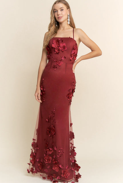 VESTIDO VINO CON FLOR 3D