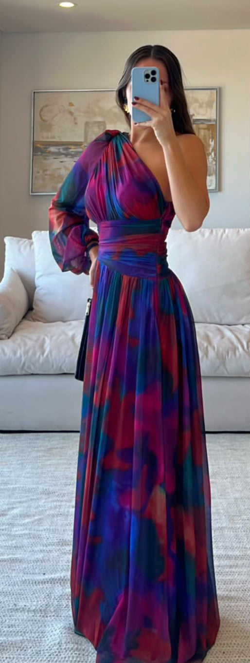 VESTIDO ESTAMPADO DE COLORES Y UNA MANGA