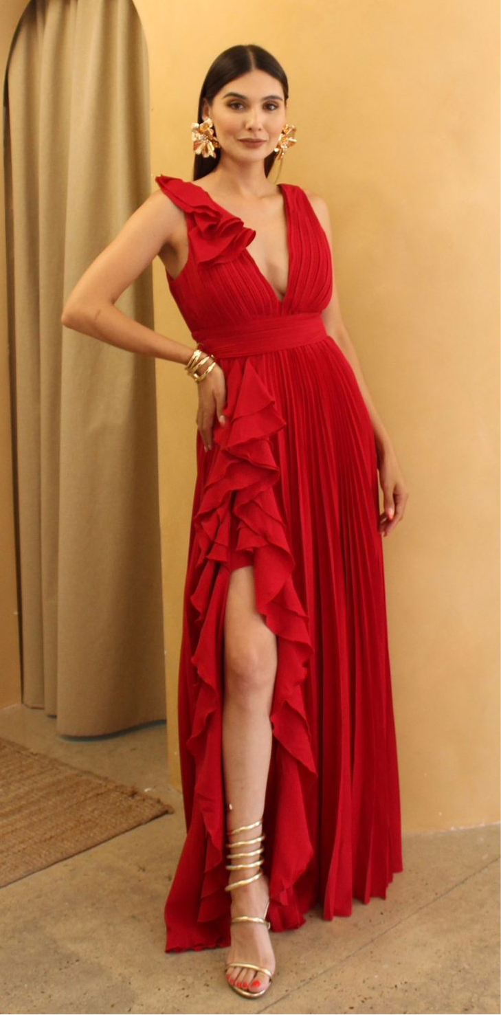 VESTIDO ROJO CON PLISADOS