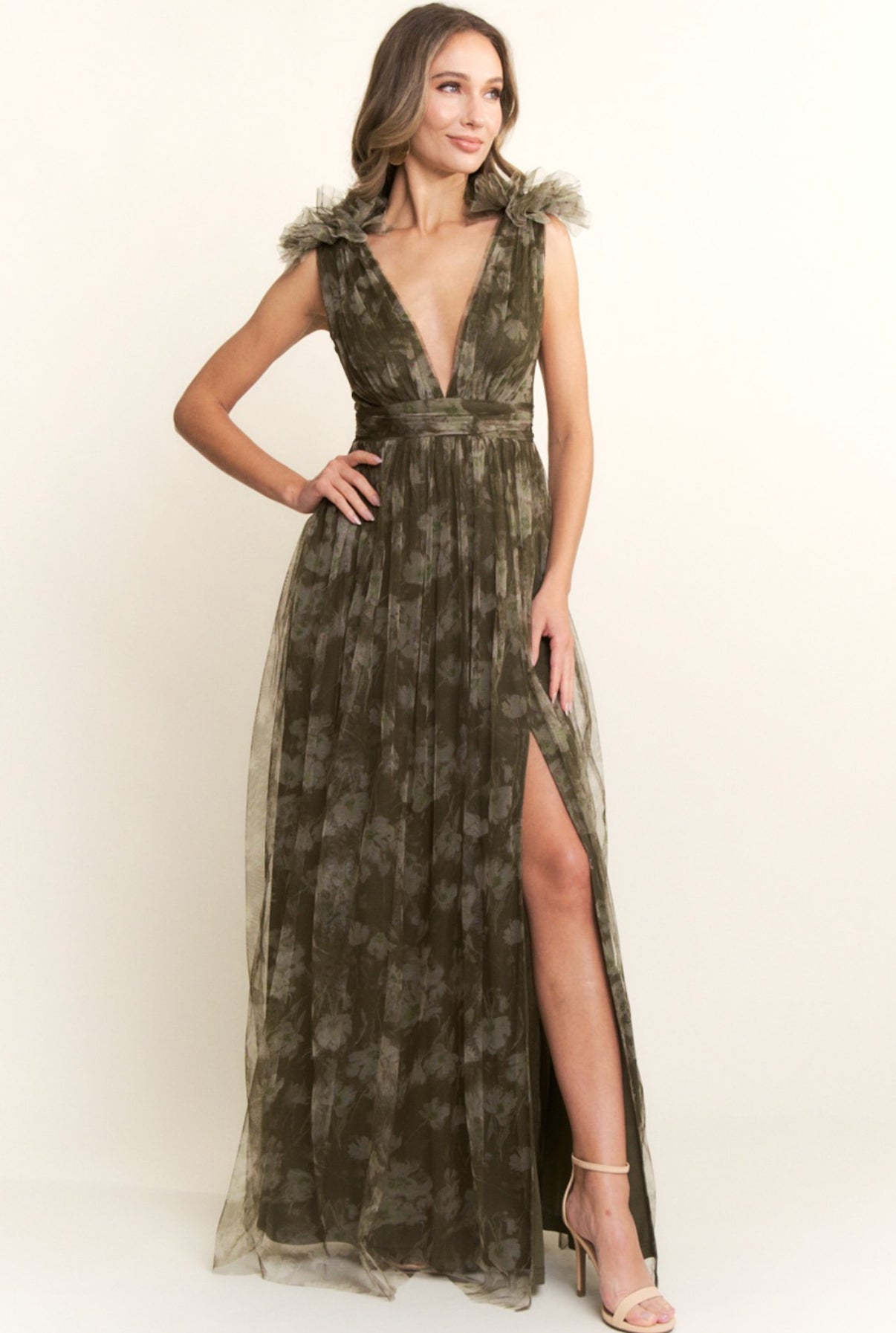 VESTIDO VERDE OLIVO ESTAMPADO TUL