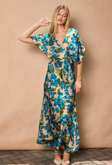 VESTIDO BEIGE AZUL ESTAMPADO