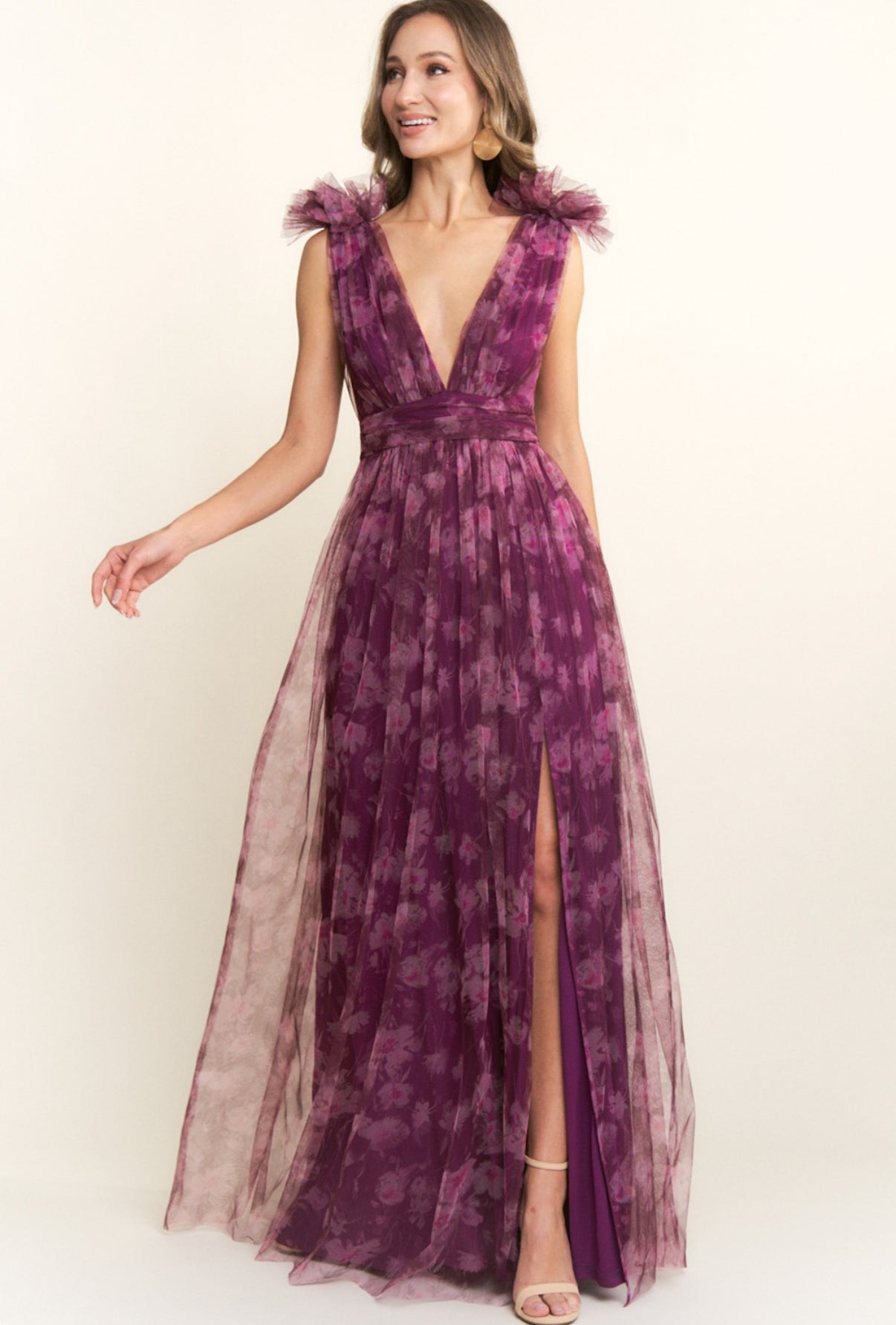 VESTIDO VINO ESTAMPADO TUL