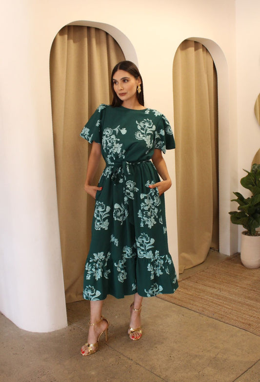 VESTIDO VERDE CON ESTAMPADO Y MANGA CORTA